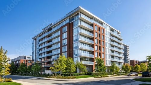 Wallpaper Mural Upscale urban apartment building with reflective glass balconies and clean lines under clear sky conditions. Torontodigital.ca
