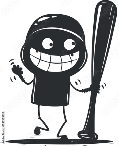 Cartoon character with a big smile holding a baseball bat, expressing joy and playfulness.