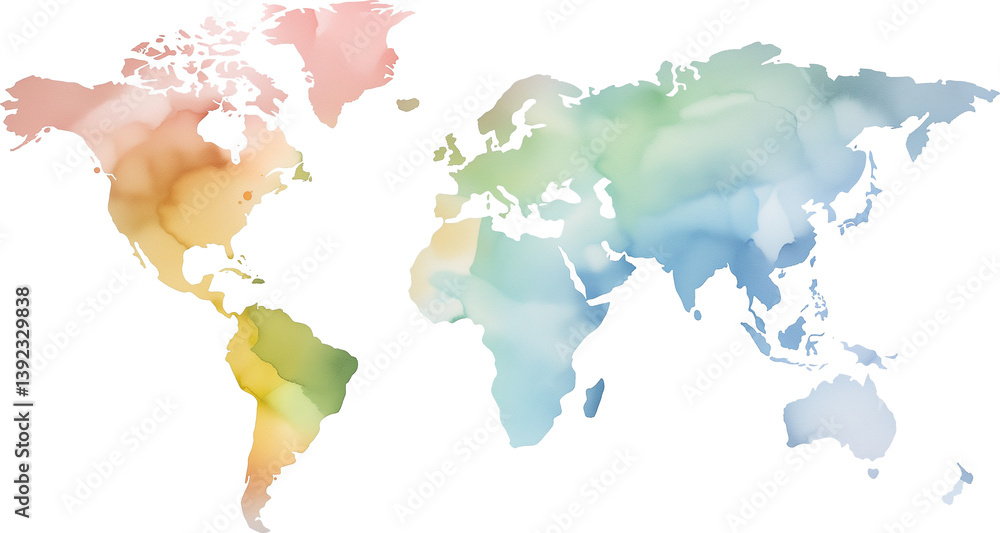Obraz premium Colorful watercolor world map on transparent background.