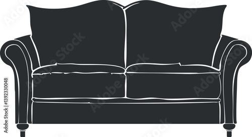 Silhouette of a black sofa with cushions and armrests, ideal for modern home interiors.