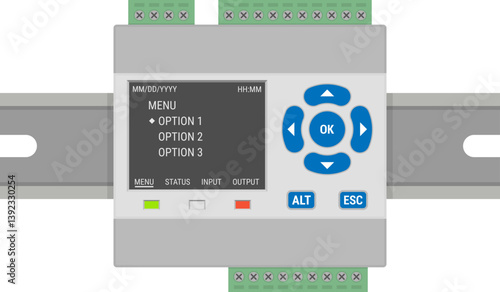 Programmable logic controller mounted on a steel DIN rail. Flat style vector illustration of a PLC controller on a transparent background