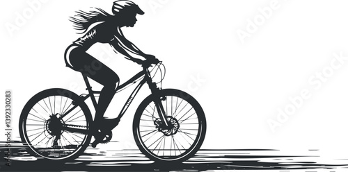 Silhouette of a woman cycling on a mountain bike, emphasizing motion and outdoor adventure.