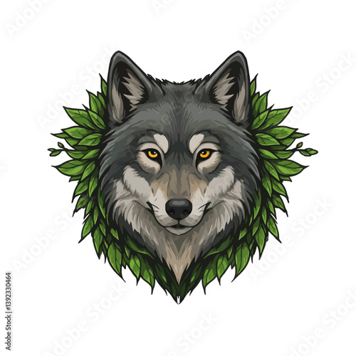 Wolf head with a crown of green leaves