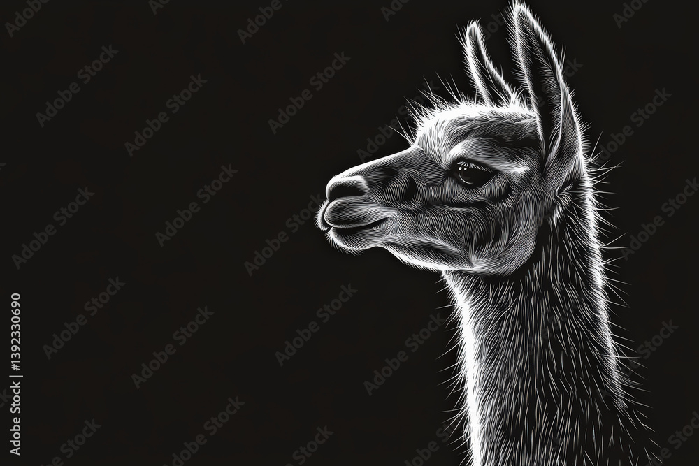 Obraz premium Elegant Black And White Llama Portrait. A detailed, monochromatic illustration of a llama, looking to the side, set against a plain black background.