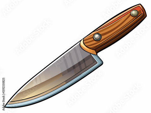 A sharp chef’s knife with a stainless steel blade and a wooden handle, vector illustration, isolated on a white background, detailed and realistic