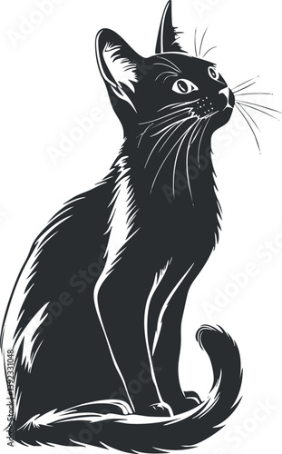 Black and white silhouette illustration of a cat sitting gracefully with detailed features.