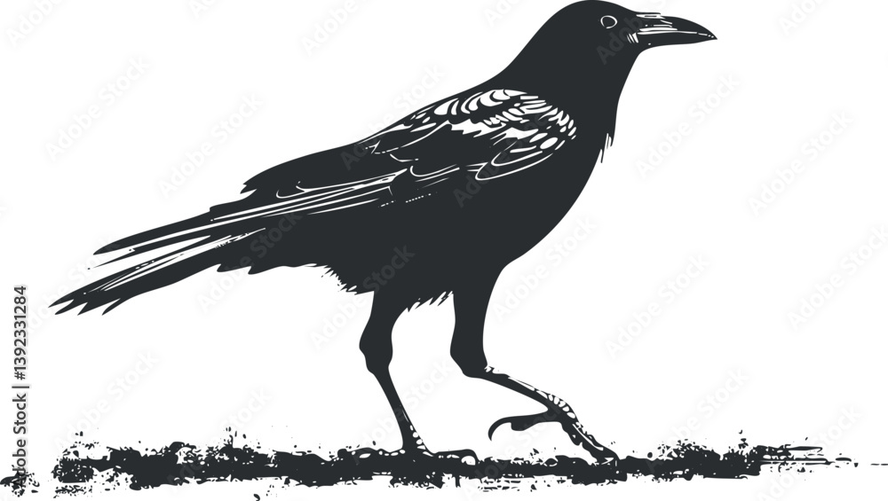 Fototapeta premium Monochrome silhouette illustration of a raven walking, showcasing detailed feathers and natural elegance.