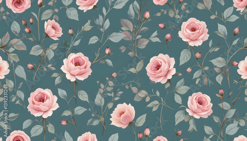 Seafoam Teal Rosebud & Blossom Seamless Pattern