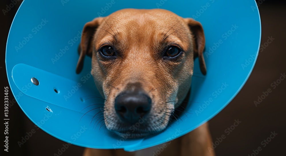 Obraz premium A Patient Gaze The Cone Of Silence Waiting For Wellness Under The Blue Dome Silent Strength Brown Eyes Blue Collar A Dogs Sadness Recovery Time Hoping For Home Gentle Giant AI Generated