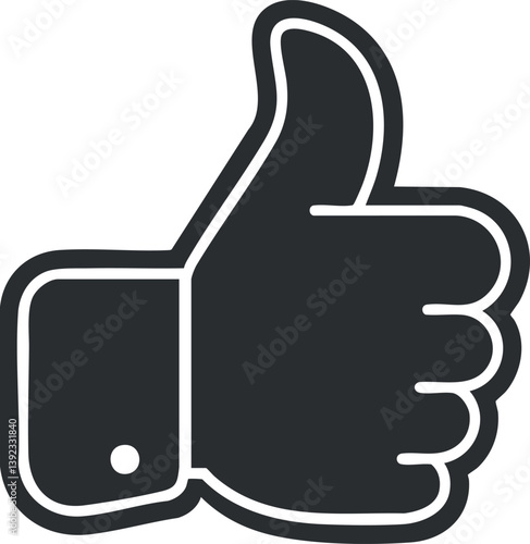 Black and white thumbs up icon representing approval or agreement in a minimalist style.