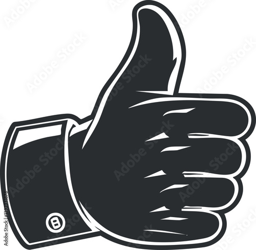 Black and white vector illustration of a thumbs-up hand gesture symbolizing approval and positivity.