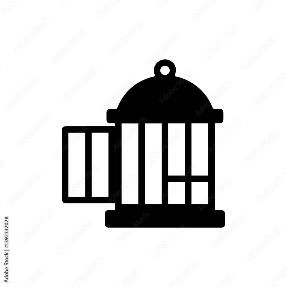 Black Shape Icon of Open Bird Cage with Perch Inside Black Shape Icon of Open Bird Cage with Perch Inside