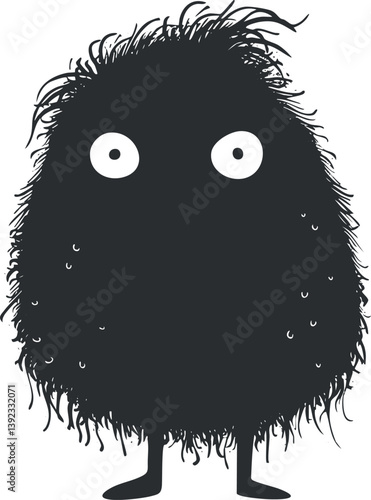 Black furry cartoon monster with big eyes and shaggy hair, isolated on white background.