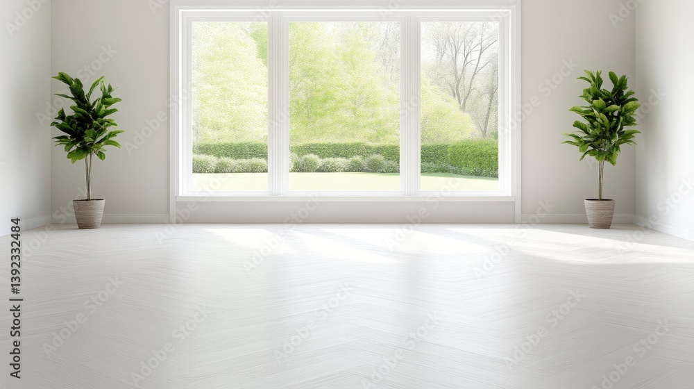 Empty sun-drenched room with large windows overlooking a garden Empty sun-drenched room with large windows overlooking a garden