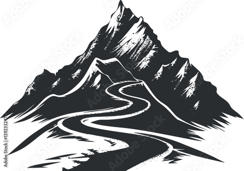 Black and white illustration of a mountain with a winding path, conveying adventure and exploration.
