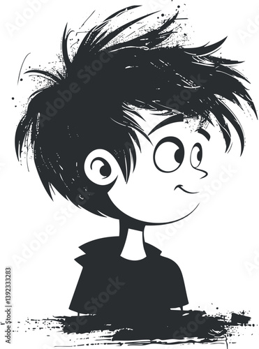 Black and white cartoon illustration of a boy with spiky hair and a playful expression.