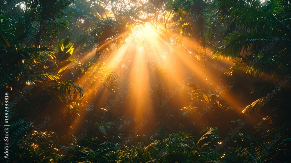 Fototapeta premium Sunlight streams through lush jungle canopy