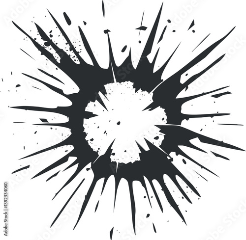 Abstract black ink splatter on white background, creating a dynamic and chaotic burst design.