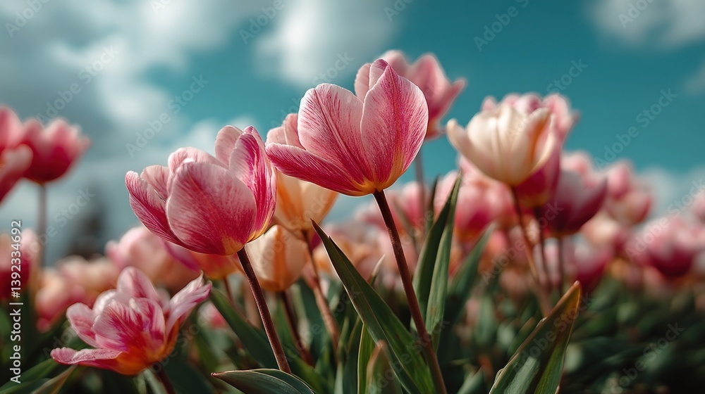 Fototapeta premium Pink tulips blooming under a blue sky in a field, spring floral background