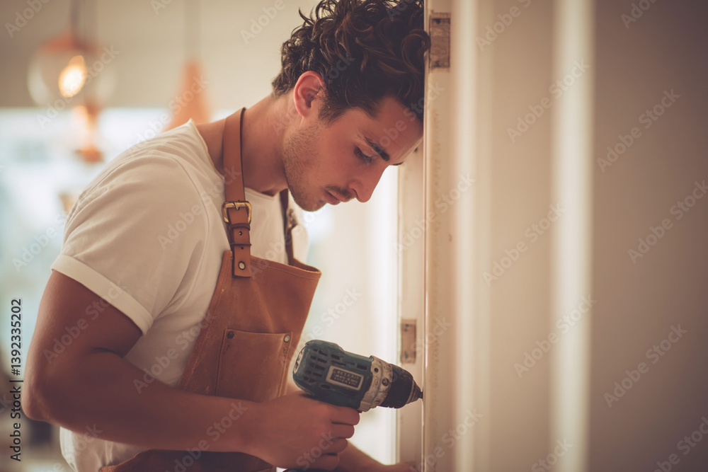 Obraz premium Focused image of a young man wearing an apron, using a drill, showcasing DIY home improvement, representing hard work and craftsmanship