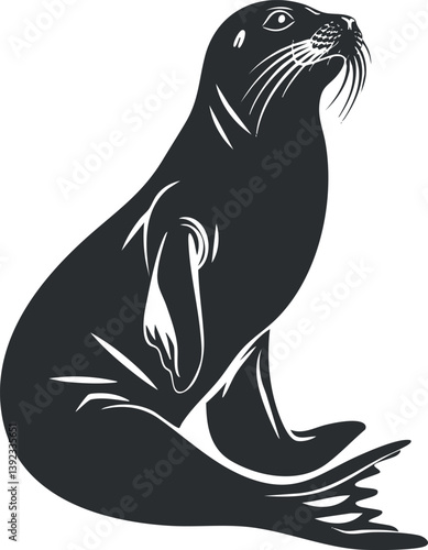 Silhouette illustration of a seal sitting with flippers extended, showcasing marine wildlife.