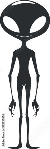Silhouette of a stylized alien figure with large head and slender body on white background.