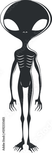Silhouette of an alien creature with large eyes and elongated limbs in a sci-fi style.