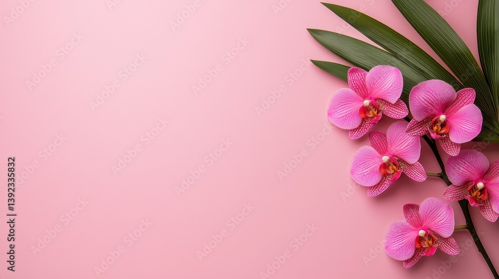 Naklejka premium Pink Orchids and Green Leaves on Soft Pink Background a Floral Still Life