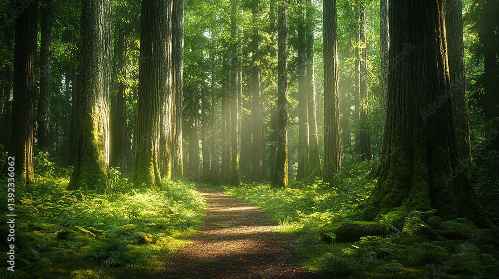 Obraz premium Sunlit Forest Path Through Lush Greenery. Peaceful Nature Landscape