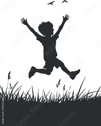 Silhouette of a child joyfully jumping in a grassy field with birds in the sky.