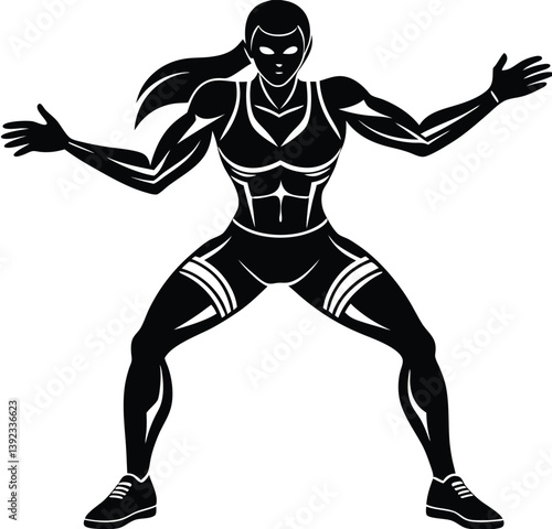A black silhouette of a woman in a deep lunge stretch, both arms raised, warming up before a run or workout. Steady, balanced pose, captured mid-stride with a slight forward lean.