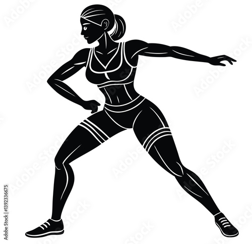 A black silhouette of a woman in a deep lunge stretch, one arm raised straight, warming up before a run or workout.