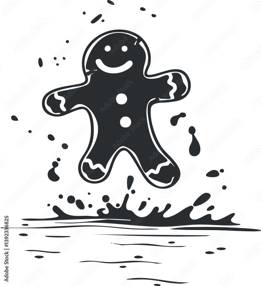 Black and white illustration of a smiling gingerbread cookie jumping into a splash of water. Black and white illustration of a smiling gingerbread cookie jumping into a splash of water.