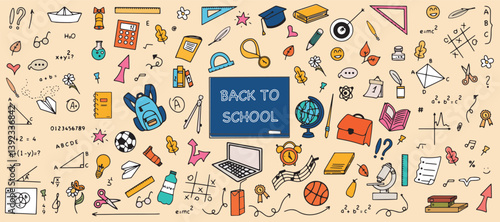 Hand drawn school supplies. Back to school doodle large set of elements. School object collection. vector illustration