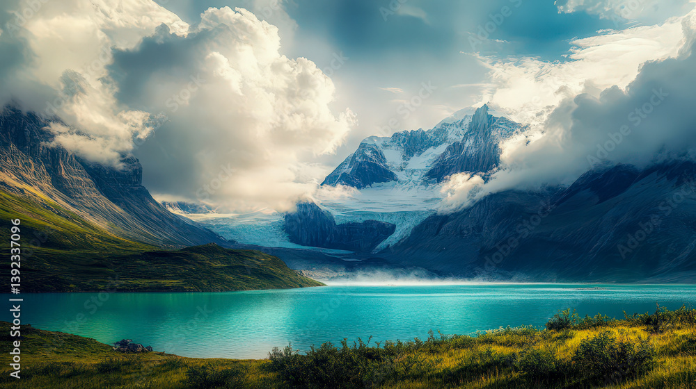 Naklejka premium A beautiful mountain range with a large body of water in the foreground