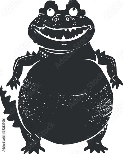 Black and white cartoon monster illustration with a broad grin and playful expression.