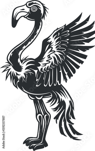 Stylized black and white illustration of a mythical bird with detailed feathers and wings.