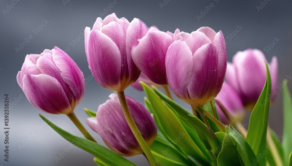 Fototapeta premium Purple tulips bouquet on a gray background