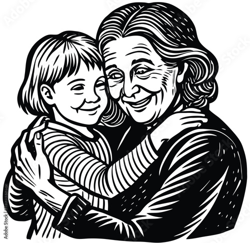 Joyful grandmother hugging her young granddaughter highlighting love, warmth, and family bond sketch engraving silhouette icon sign sketch stock image minimalist vector illustration 