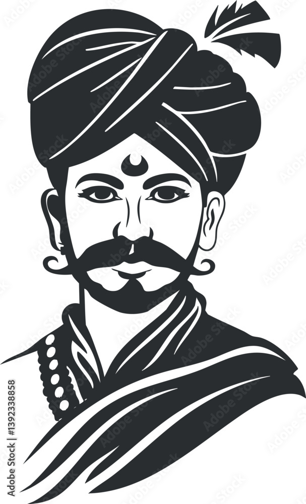 Monochrome illustration of a man in a turban with a mustache, showcasing traditional attire. Monochrome illustration of a man in a turban with a mustache, showcasing traditional attire.