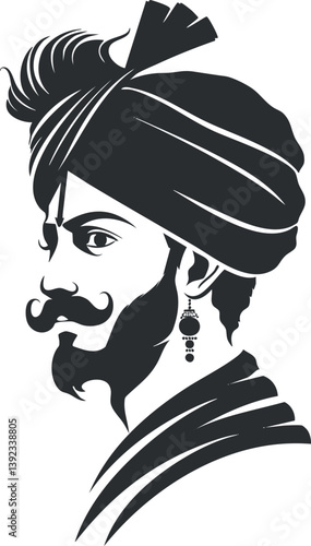 Silhouette of a man with a turban, beard, and earring in traditional attire.
