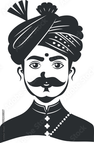 Black and white silhouette illustration of a man with a turban and mustache in traditional attire.