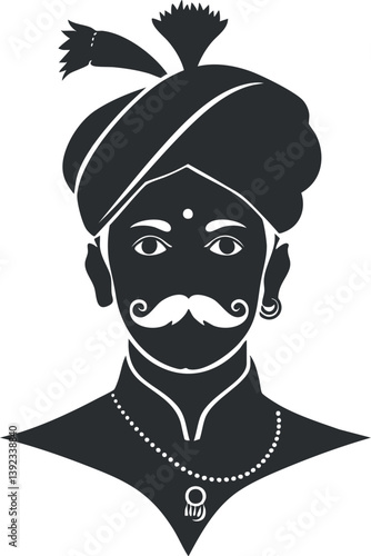 Silhouette illustration of a man with traditional headwear and mustache in black and white.