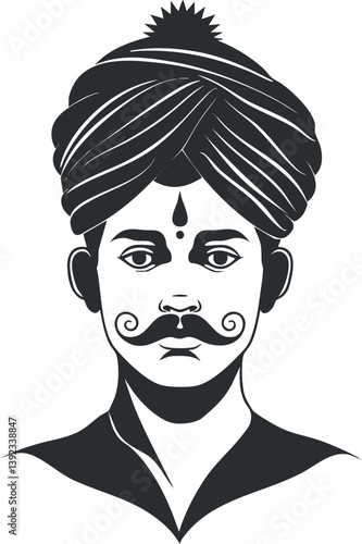 Black and white vector illustration of a man with turban and mustache, in traditional style.