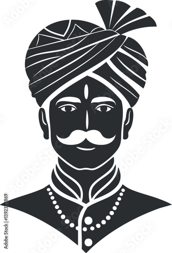 Stylized silhouette of a man wearing a traditional turban and mustache in monochrome design.