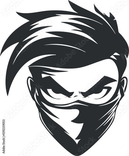 Monochrome illustration of a stylized face with spiky hair and a bandana covering the mouth.