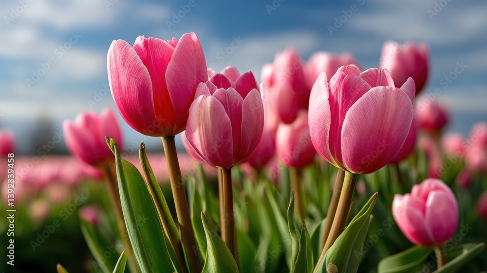 Fototapeta premium Pink tulips blooming in a field under a blue sky