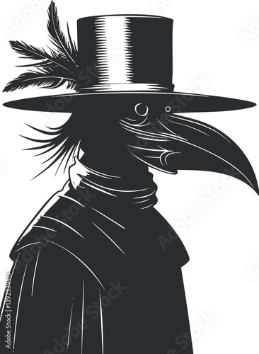 Black and white illustration of a plague doctor wearing a beak-like mask and feathered hat.