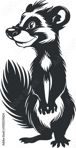 Black and white cartoon illustration of a smiling skunk with a bushy tail.