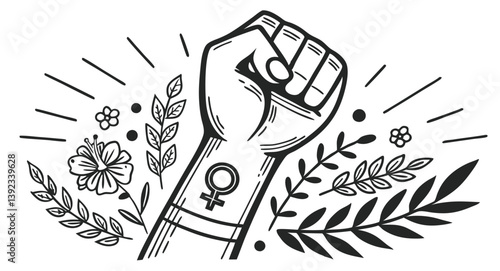 A powerful raised clenched fist symbolizing protest and resistance set with a dramatic abstract floral pattern design. Ideal for themes of revolution, activism, bold revolutionary vector illustration.
